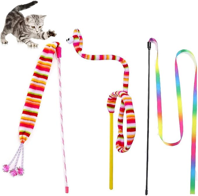 KABASI Cat Wand Rainbow Toy, 3 Styles Funny Interactive Cat Toys, Cuddly Stuffed Snake Cat Toy on Stick with Bell, Colorful Sounding Toys, Rainbow Ribbon Wand for Kittens Training