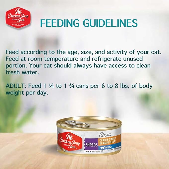 Chicken Soup for The Soul Classic Wet Adult Cat Food, Chicken Shreds Dinner, 5.5 Ounce Can (Pack of 24) | Soy Free, Corn Free, Wheat Free, Canned Cat Food Made with Real Ingredients