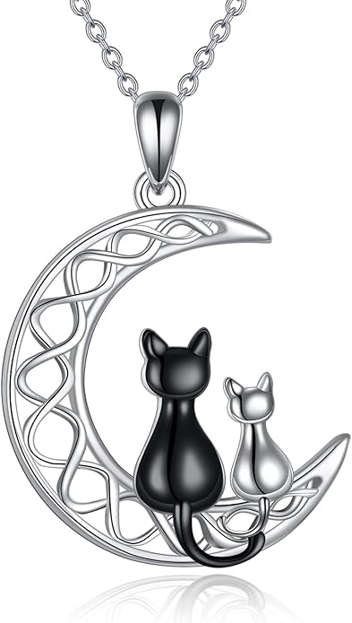 Black Cat Necklace for Women Sterling Silver Celtic Moon Cat Jewelry Gifts