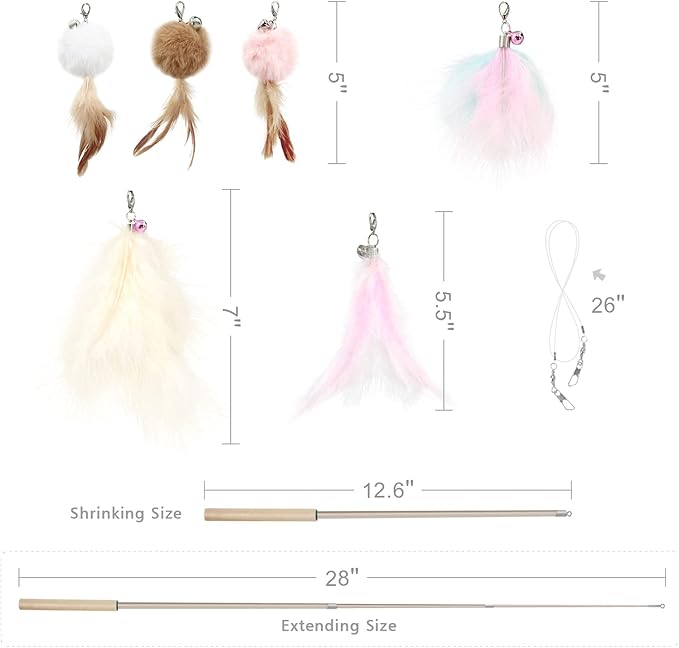SONGWAY Cat Interactive Feather Toys - 7 PCS Cat Toys Set for Indoor Cats, Retractable Cat Wand Toy, Cat Feather Toys with Bell,Replaceable Cat Feather Tail Toy, Kitten Toy Gift, Pink
