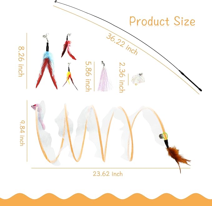 Andiker S-Shape Cat Tunnel Toy Set, Folded Cat Tunnel Spring Toys with a Wand & 5Replacement Heads Cat Spring Toy Metal&Mesh Cat Spiral Tunnel Toy for Indoor Cats to Kill Time& Do More Exercise (7)