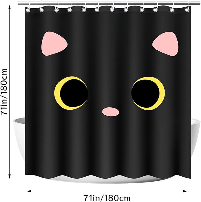 Black Cat Shower Curtain for Bathroom, Cute Cat Print Bathrooms Curtain, Waterproof Polyester Fabric Bathroom Home Decor with 12 Hooks, 71 x 71 Machine Washable (Black)