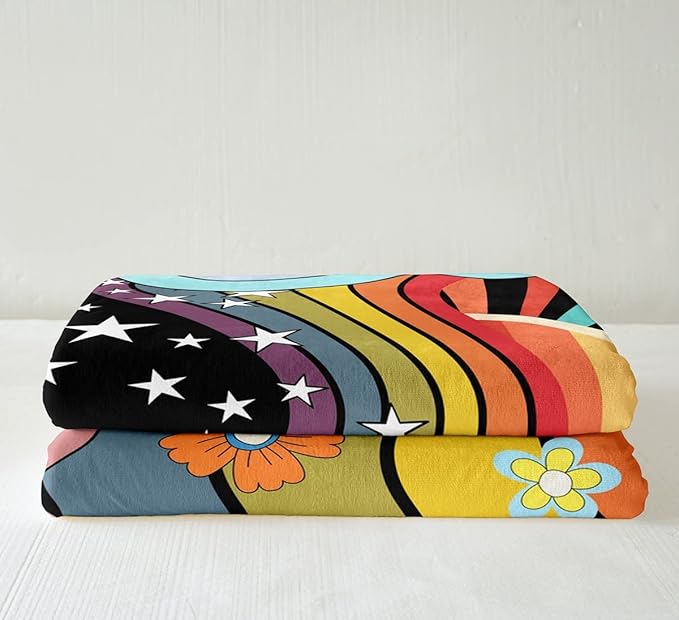 Erosebridal Trippy Mushroom Groovy Floral Fleece Blanket Rainbow Striped Sherpa Baby Size Hippie Boho Eye Throw Blanket Starry Night Plush 70s Theme Decor
