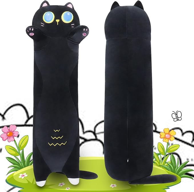 Long Black Cat Plush Pillow,35.5" Large Black Cat Stuffed Animal,Weighted Cat Plush,Cuddly Sleeping Hugging Stuffed Animal, Giant Cute Body Pillow,Plush Toy Gift at Birthday Kids Adults