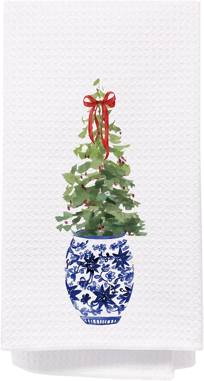 SPBL&L Christmas Kitchen & Bath Towels, Blue & White Chinoiserie Christmas Tree Hand Towels, 16x24 Inch