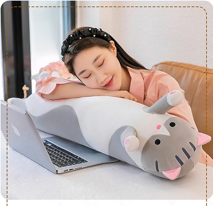 Long Gray Cat Plush Pillow Toy Sleeping Pillow Cute Cartoon Cat Stuffed Animals Soft Long Body Pillow Gift for Kids(27.55in)