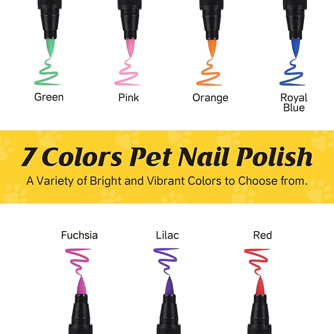Dog Nail Polish Pens Quick Dry,7 Colors Safe Dog Nail Polish Set to DIY Pretty Nails, Ideal Gifts for Dogs Cats Light Dark Nails, Odorless, Non-Toxic, Water-Based Pet Nail Accessories Set