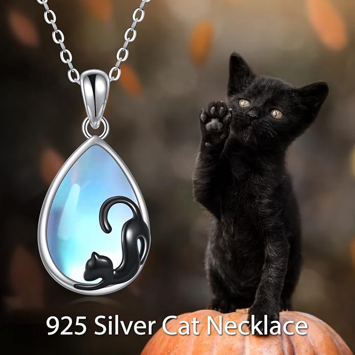 AXELUNA Black Cat Necklace 925 Sterling Silver Kitten Pendant Circle Crystal Necklace Cat Jewelry Gifts for Women Girls Girlfriend Animal Lovers