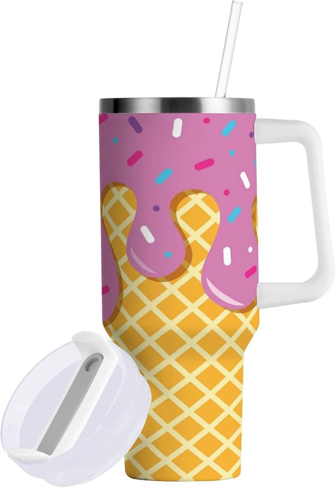 Boccsty Waffle Ice Cream Cone Pink Insulated Tumblers Reusable Stainless Steel Tumbler 30 oz Cup Coffee Travel Mug Water Bottle with Handle & Flip Straw for Home Office Car