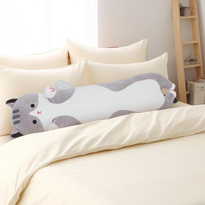 Soft Cat Plush Pillow, Grey Long Cat Stuffed Animals Soft Long Kitten Plushies Kawaii Cat Stuffed Plush Toy for Kids Girlfriend(70cm/27.5inch)