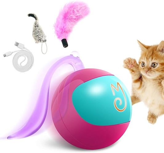 Migipaws Interactive Cat Ball Toy Set, Fun Tracker, Automatic Rolling Chase Ball with Fluffy Tail, A Small Mice, Rechargeable（Rose）