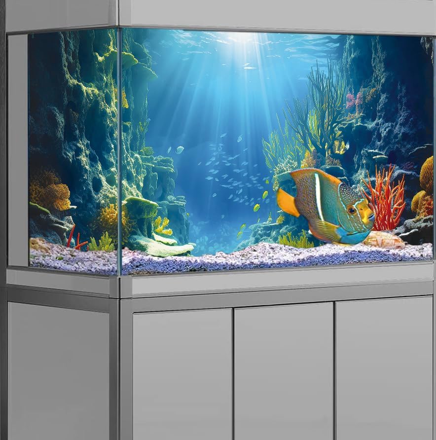 30X12IN Blue Sea Floor Aquarium Background, Natural Underwater World 3D Effect Fish Tank Decorations Background, Art Terrarium Background with 8 EVA Double-Sided Tape