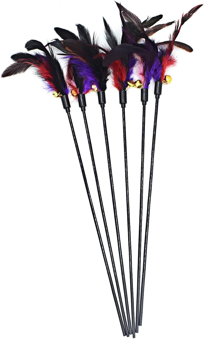 IUHKBH Cat Feather Toys, 6 PCS Interactive Cat Wand Toys Cat Teaser with Bell - 18in Feather Wand for Cat and Kitten