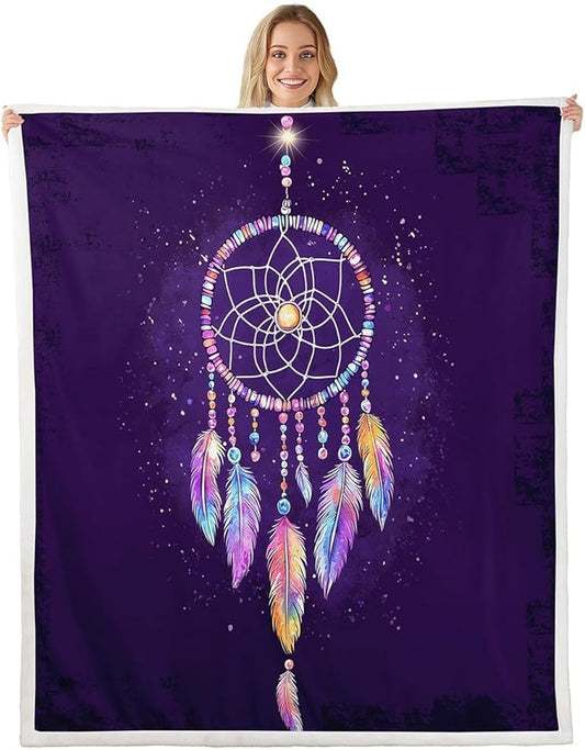 Luxury Dreamcatcher Plush Blanket Boho Dream Catcher Decor Sherpa Blanket Colorful Feather Fleece Throw Blanket for Sofa Couch Bed Room Decor Native American Purple Fuzzy Blanket King 87x95 Inch