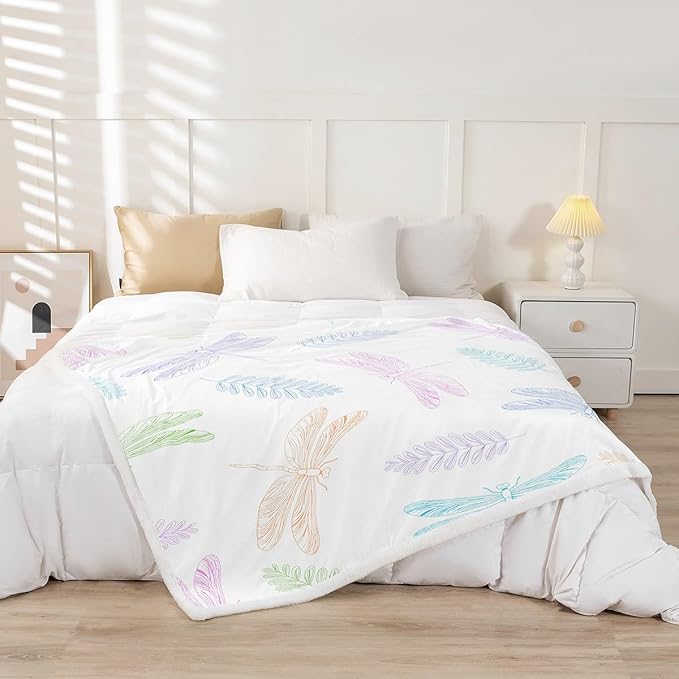 Dragonfly Fleece Throw Blanket for Sofa Couch Bed Ornamental Dragonfly Printed Plush Blanket s Animal Pattern Sherpa Blanket Room Decor Floral Elements Fuzzy Blanket King 87x95 Inch