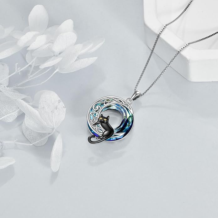 AOBOCO Cat Necklace Sterling Silver Bat Black Cat Quartz Cat Necklace Ghost Pumpkin Pentagram Witch Pendant Necklace Halloween Gifts for Women