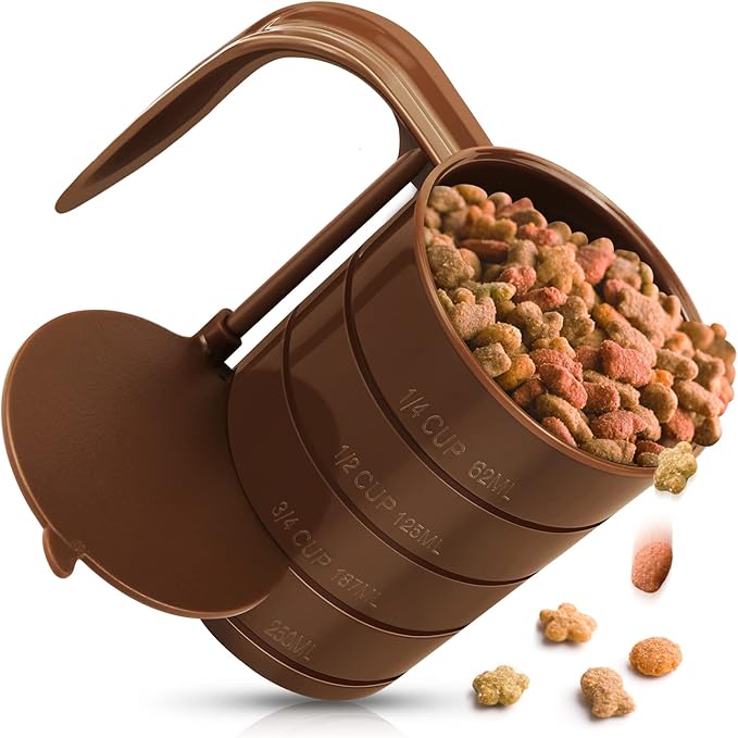 Pet Food Scoop, Dog Food Cups, Plastic Food Scoop with Measuring Lines, (Includes 1 C, 3/4 C, 1/2 C, 1/4 C), Pet Food Measuring Cups for Dog, Cat or Bird Food, Injection Molded and Dishwasher Safe
