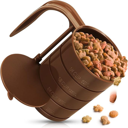 Pet Food Scoop, Dog Food Cups, Plastic Food Scoop with Measuring Lines, (Includes 1 C, 3/4 C, 1/2 C, 1/4 C), Pet Food Measuring Cups for Dog, Cat or Bird Food, Injection Molded and Dishwasher Safe