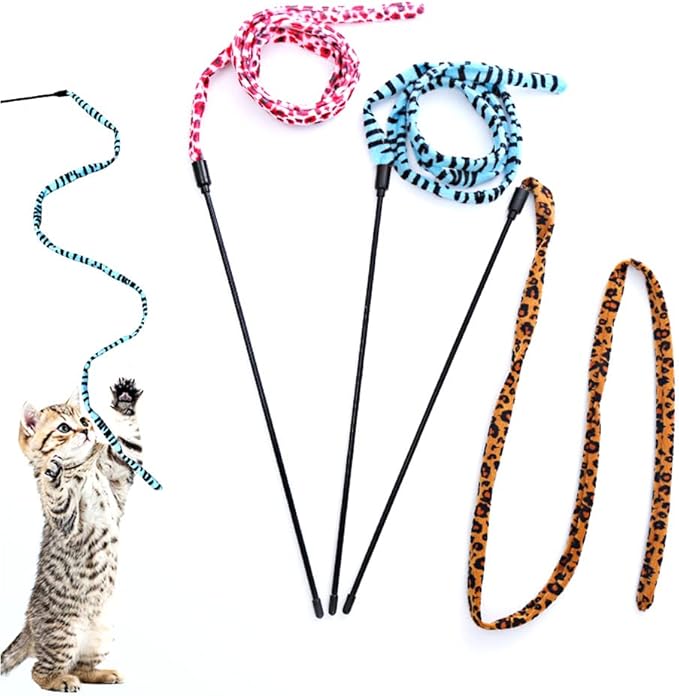 IUHKBH Cat Wand Toys, 3 PCS Flexible Cat String Wand Leopard Ribbon Cat Teaser Wand Cat Wands for Cat Training Exerciser