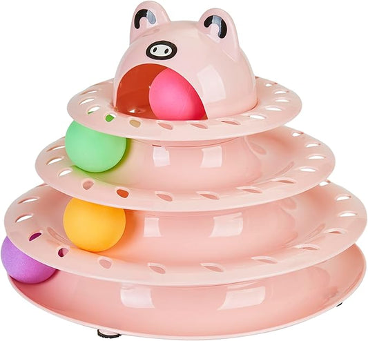 Gefryco Cat Toys Roller Track for Indoor Cats, Turntable 4-Tier Cat Tower Toy with Colorful Chase Balls, Multi-Level Fun Interactive Cat Toys, Puzzle Kitten Exercise Toys Self Play(Pink)