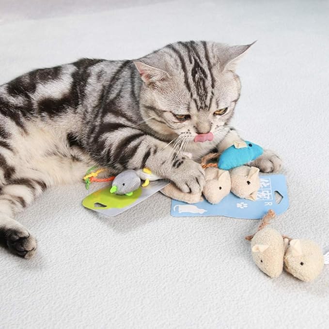 3Pcs Blue Khaki Pets Interactive Playing Toys, 3Pcs Plush Simulation Rat Mouse Scratch Bite Chewing Toy for Pet Cat Kitten, Cat Mice and Animals Toys
