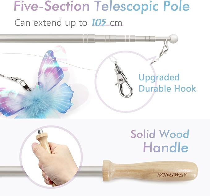SONGWAY Cat Butterfly Toys Wand - 7 Pieces Cat Toy Set, Retractable Cat Wand with 6 Butterfly Cat Toys Replacement with Bells, Interactive Cat Toys for Indoor Cats Kittens