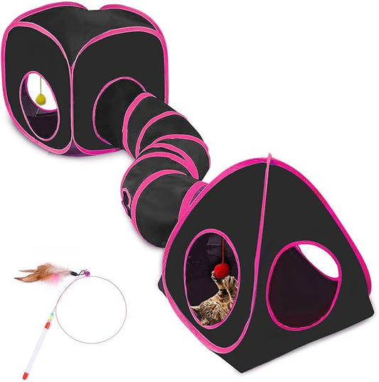 Cat Tunnels for Indoor Cats, Cat Tent, Cat Cube and Feather Cat Toy Collapsible Combo, with Interactive Cat Toy Ball, Cat Toy Set for Indoor Cat, Ferret, Guinea Pig, Rabbit, Bunny, Pink