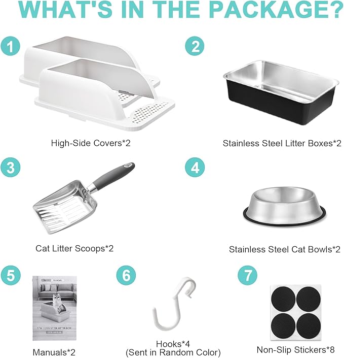 2 Pack XL Stainless Steel Litter Box Enclosure with Lid, Stainless Steel Cat Litter Pan for Big Cats, Large Metal Litter Box with High Wall, Easy Cleaning White Cover(Black Coated)