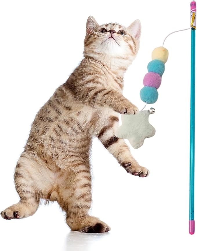 Pink Cat Stick Toy Elastic Rope Plush Ball Star Pendant Bite-Resistant Comfortable Grip Relieve Boredom Handmade Kitten Teaser Wand Cat Mice and Animals Toys