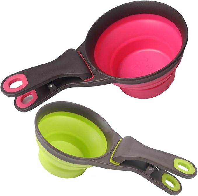 Collapsible Pet Scoop Silicone Measuring Cups Set Sealing Clip 3 in 1 Multi-Function Scoop Bowls Bag Clip Dog Snack Measuring Cup for Dog Cat Food Water Set of 2 (1 Cup & 1/2 Cup Capacity)