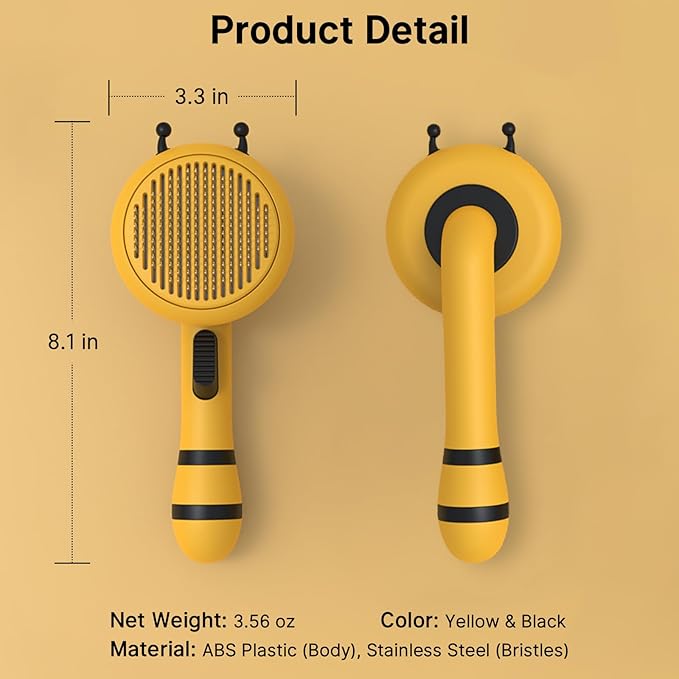 Bee Cat Brush, Self Cleaning Cat Brush with Release Button, Cat Hair Brush for Shedding, Pet Grooming Brush for Short and Long Haired Cats Dogs (Yellow)