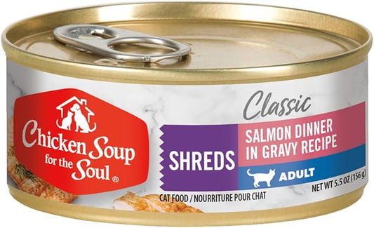 Chicken Soup For The Soul Classic Wet Adult Cat Food, Salmon Shreds Dinner, 5.5 Ounce Can (Pack of 24) | Soy Free, Corn Free, Wheat Free, Canned Cat Food Made with Real Ingredients
