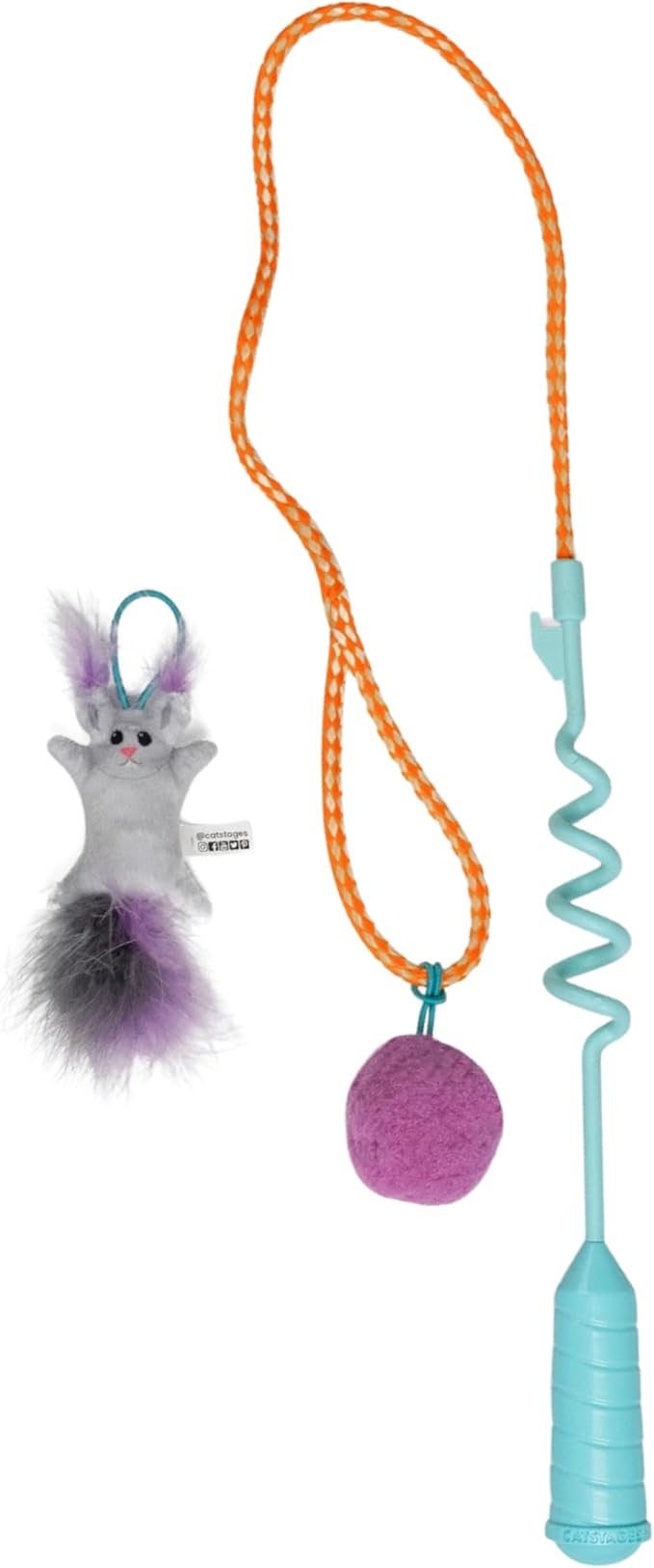 Catstages Cat-apult Spring Wand Durable and Interactive Cat Teaser Wand with Flinger Clip and Two Cat Toys, Catnip Toy and Pom Pom Ball, Blue