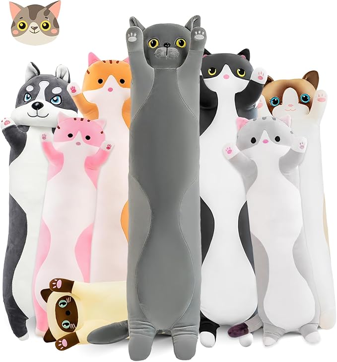 Long Cat Plush Pillow, 43.3in Cute Gray Cat Plushie Stuffed Animals Body Pillow, Kawaii Kitten Soft Plushie Doll Toy Birthday Gift for Kids Girlfriend