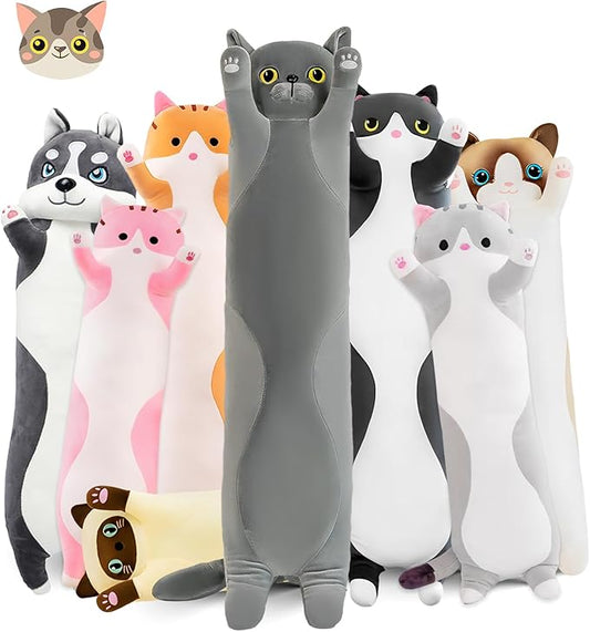 Long Cat Plush Pillow, 43.3in Cute Gray Cat Plushie Stuffed Animals Body Pillow, Kawaii Kitten Soft Plushie Doll Toy Birthday Gift for Kids Girlfriend