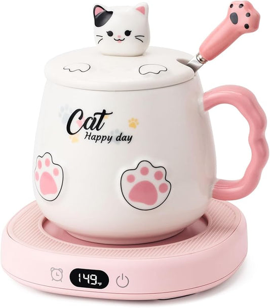 Bsigo Smart Coffee Mug Warmer & Cute Cat Mug Set, Coffee Beverage Cup Warmer for Desk Home Office, Candle Warmer Plate for Cocoa Milk Tea Water with 3 Temperature Up to 149℉/ 65℃, 8 Hour Auto Shut Off