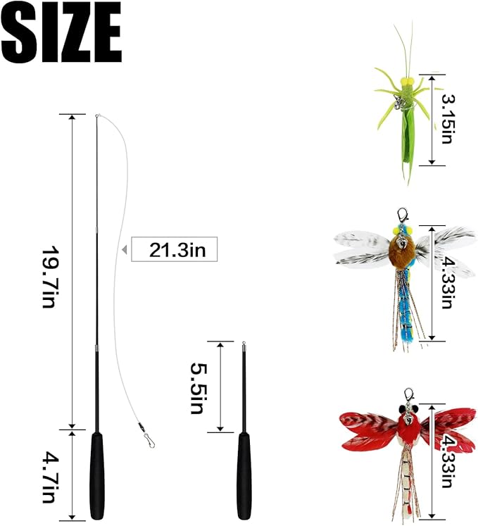 Cat Feather Wand Toys,Retractable Wand Toy with 3 Simulation Insects Refills, Transparent Carbon Wire,Interactive Cat Toy Kitten Toy for Indoor Cats to Play Chase Exercis