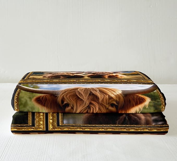 Feelyou Kids Highland Cow Fleece Throw Blanket Throw 50"x60" Highland Cattle Plaid Sherpa Blanket for Bed Sofa Couch Western Farmhouse Themed Plush Blanket Women Men Fuzzy Blanket