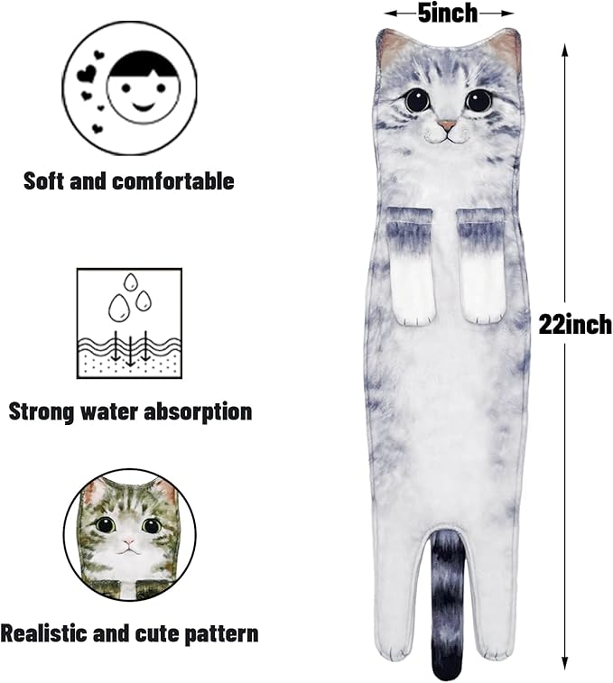Hand Towels for Bathroom Kitchen,Cute Cat Quick-Dry Hanging Hand Towels Decorative for Bathroom Face Towels,Funny Gifts for Cat Lovers (Grey)