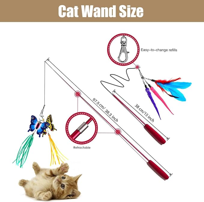 Cat Wand Toy, Interactive Cat Toys with 2 Poles & 9 Attachments Worm Feathers, Cat Feather Toy for Kitten Cat for Indoor Cats