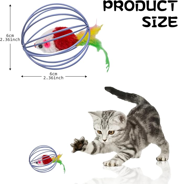 Cat Interactive Toys, Metal Cage with Colourful Plush Mouse Toys, Kitten Teething Toys, Cat Chew Toys, Cat Indoor Exercise Toys Ball, 1PCS Random Color