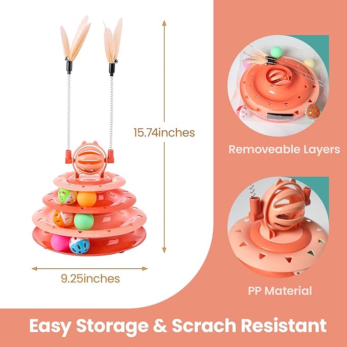 Kitten Toys, Interactive Cat Toys for Indoor Cats, Cat Puzzle Toy, Kitty Toys,cat Toys for Bored Indoor Adult Cats, Cat Ball Toy, Cat Tower with 2 Cat Teasers (Orange)