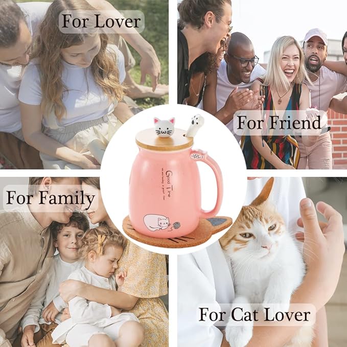 BigNoseDeer Kawaii Tea Cup with Infuser Cute Cat Mug Ceramic Coffee Mug Tea Mug Pink Cute Cool Preppy Stuff Gifts for Women Cat lover Gifts 13oz