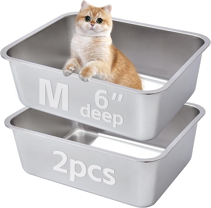 2 Pack Stainless Steel Litter Box,Metal Litter Box for Cat Easy to Clean,Medium Litter Box for Cat/Kitty/Rabbit,Metal Cat Toilet Kitten Litter Pan,Non Stick, No Smell,17.7"L x 13.8"W x 6"H