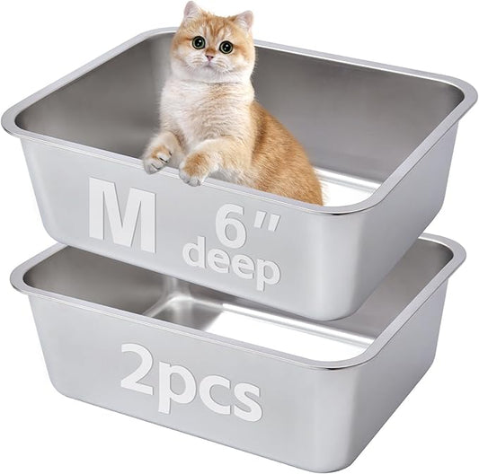 2 Pack Stainless Steel Litter Box,Metal Litter Box for Cat Easy to Clean,Medium Litter Box for Cat/Kitty/Rabbit,Metal Cat Toilet Kitten Litter Pan,Non Stick, No Smell,17.7"L x 13.8"W x 6"H