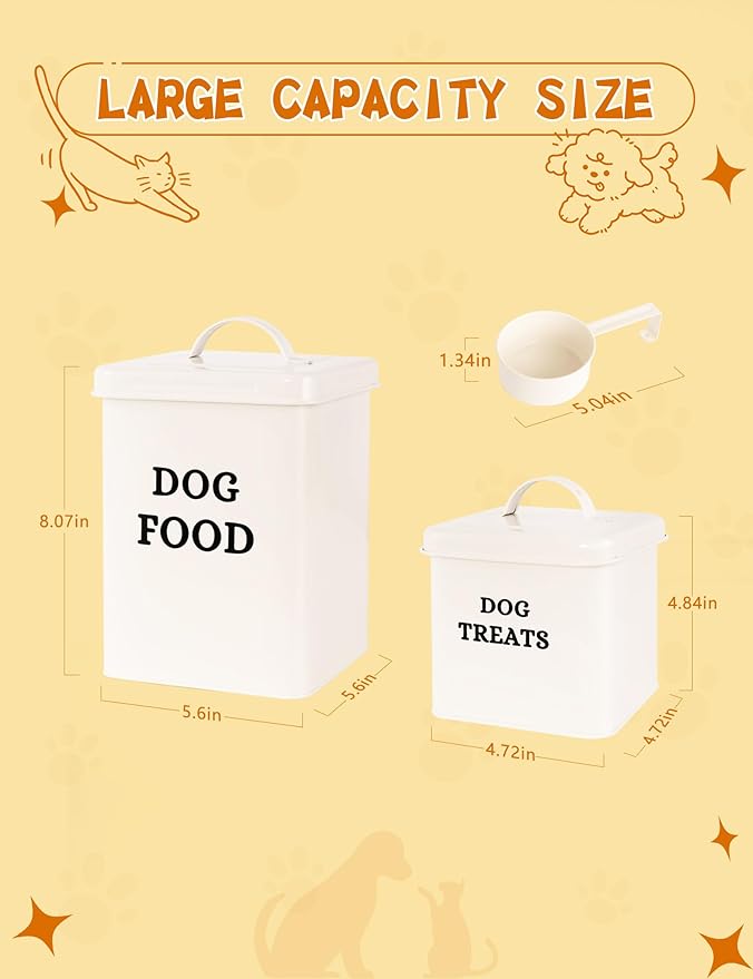 2 Packs Metal Airtight Dog Food Storage Container, Dog Treat Container With Lid & Scoop, Farmhouse Dog Treat Jar Dog Food Container, Cream