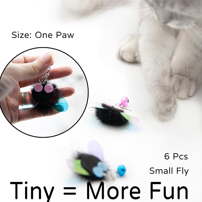 Cat Toy Insect Replacements, 6 Pcs Small Fly Set for Cat Wand Toys, Cat Door Hang Toys, Bug Refills with Bells, Handmade(Small Fly Set)