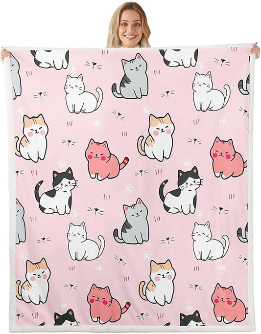 Erosebridal Cartoon Cat Blanket,Kids Girls Pet Fleece Blanket,Cute Colorful Kitten Throw Blanket for Teens Boys,White Cat Paw Print Flannel Blanket Pink Queen 90"x90"