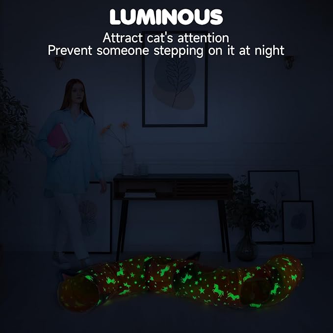 Cat Tunnel Bed for Indoor Cats,Cat Donut Tunnel with 4 Holes & Plush Ball Toys,Collapsible Self-Luminous Multifunctional Pet Playground Toys Hideplace for Kitten/Puppy/Rabbit,Rainbow