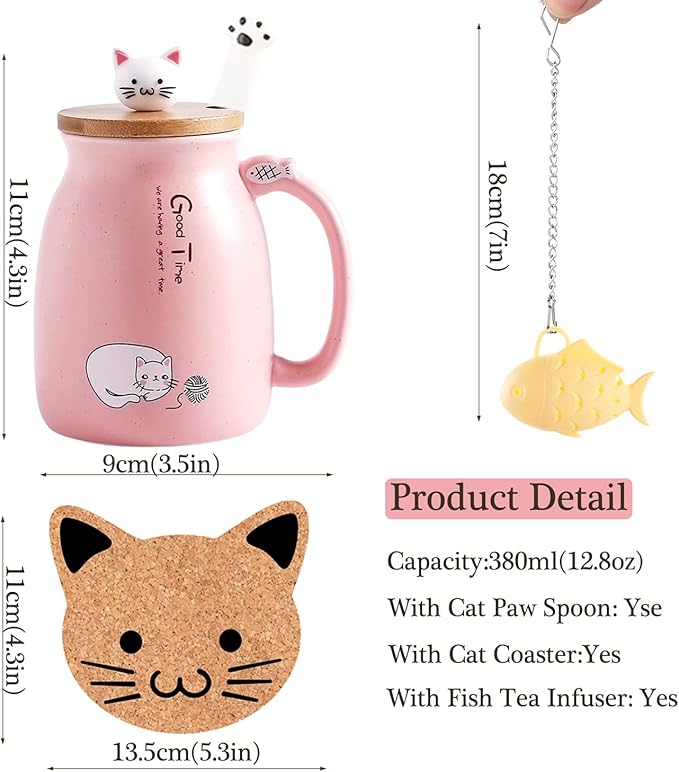 BigNoseDeer Kawaii Tea Cup with Infuser Cute Cat Mug Ceramic Coffee Mug Tea Mug Pink Cute Cool Preppy Stuff Gifts for Women Cat lover Gifts 13oz